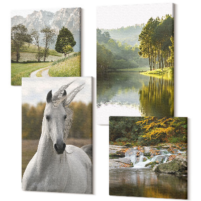 Sada obrazů kvadryptych Bílí koně u řeky přírodní krajiny