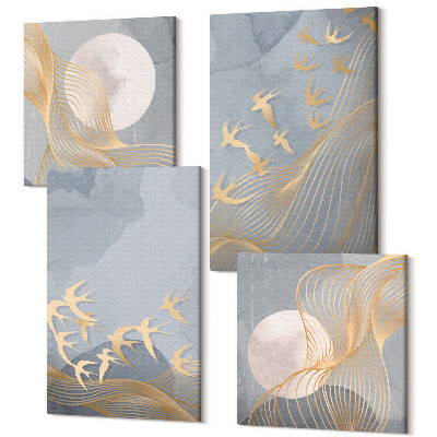 Sada obrazů na zeď kvadryptych Ptáci v letu proti obloze a měsíci