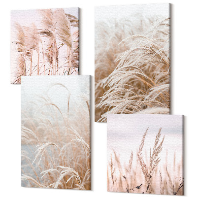 Sada obrazů kvadryptych Pole trávy v jemných odstínech hnědé a béžové