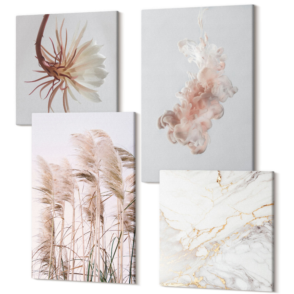 Sada obrazů na zeď kvadryptych Elegantní květiny a trávy z bílého mramoru