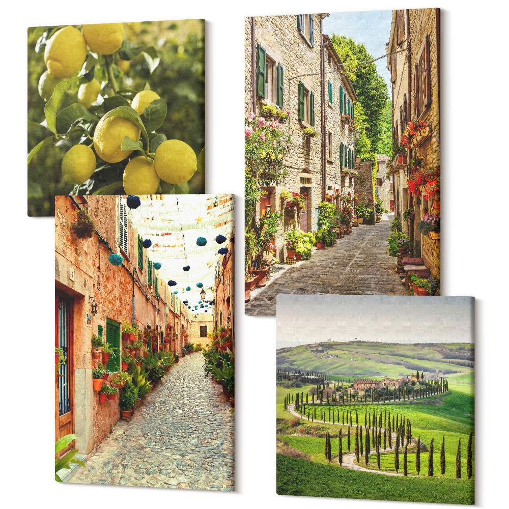 Sada obrazů kvadryptych Okouzlující ulice s květinami a citrony v pozadí