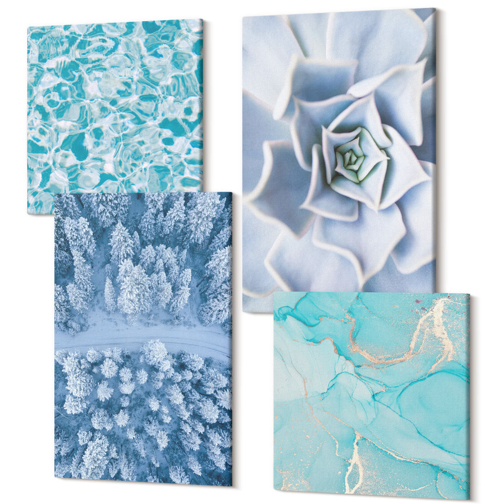 Sada obrazů na zeď kvadryptych Zimní lesní modrá květina modrá vodní hladina