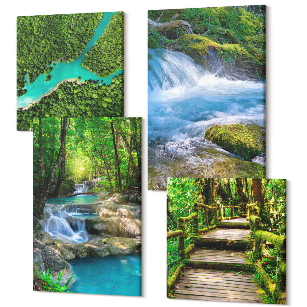 Sada obrazů kvadryptych Zelené lesy a křišťálově čisté říční vody