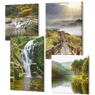 Sada 4 obrazů Vodopády, hory, oblačné cesty a podzimní výhledy