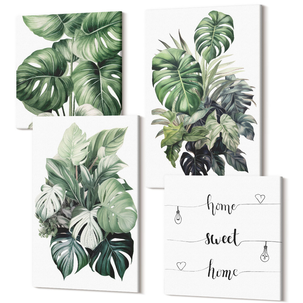 Sada 4 obrazů Zelené listy tropických rostlin akvarelů