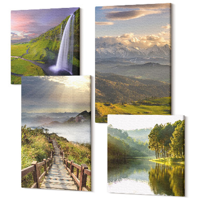 Sada obrazů kvadryptych Malebné horské krajiny s vodopádem a stezkou