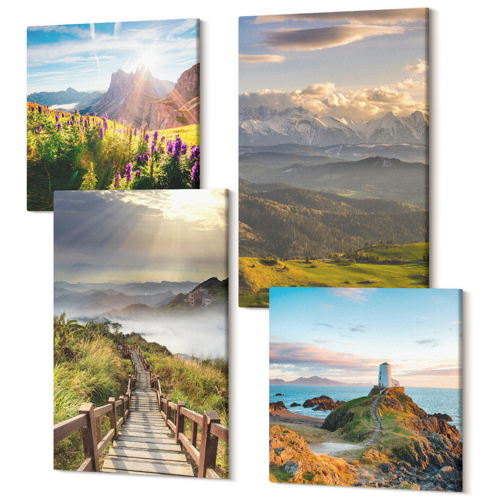 Sada obrazů na zeď kvadryptych Horské krajiny s květinami, oblohou a cestou