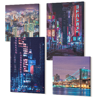 Sada 4 obrazů Noční pohledy na města s neony
