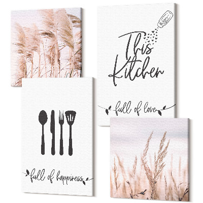 Sada 4 obrazů Kuchyňské nápisy jemná boho tráva