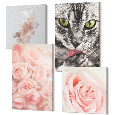 Sada obrazů kvadryptych Šedá kočka jemné růže jemné abstrakce
