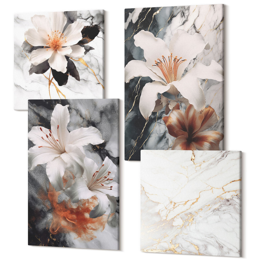 Sada obrazů na zeď kvadryptych Květiny na mramorovém pozadí v odstínech bílé a černé