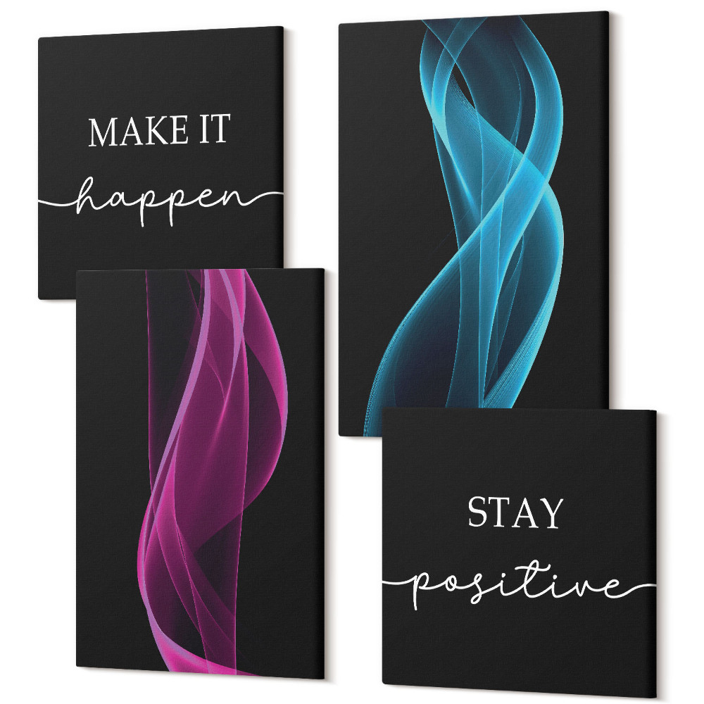 Sada 4 obrazů Vlny barevných neonových čar na tmavém pozadí