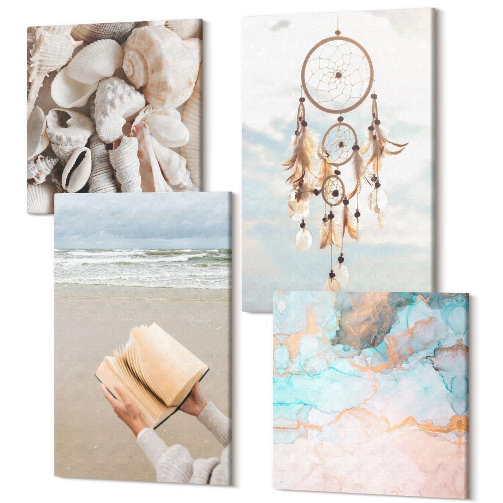 Sada obrazů na zeď kvadryptych Mušle na čtení knihy a boho lapač snů