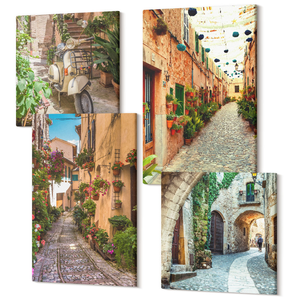 Sada obrazů kvadryptych Okouzlující uličky s květinami v italské atmosféře