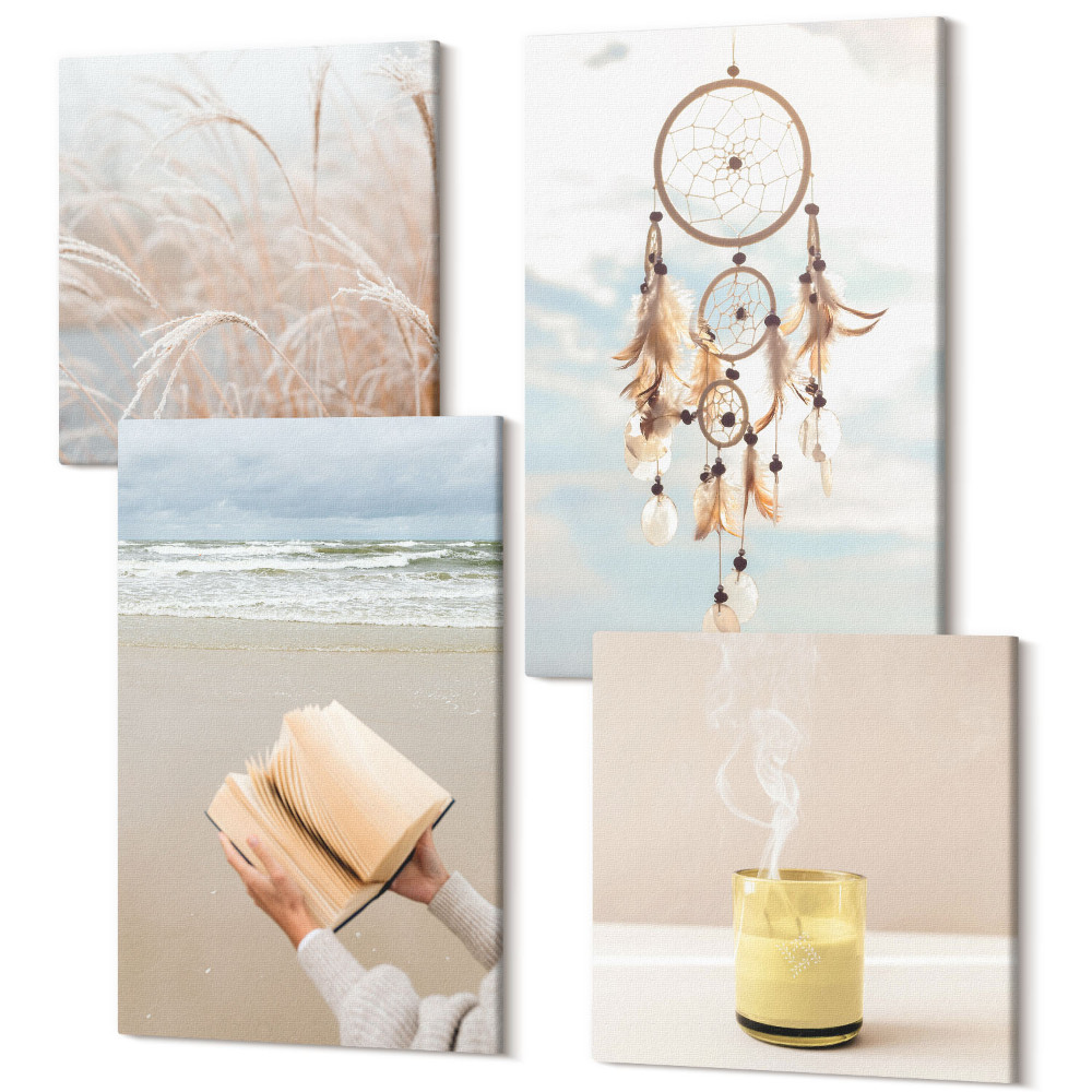 Sada obrazů na zeď kvadryptych Poklidná krajina, jemné letní výhledy, boho styl