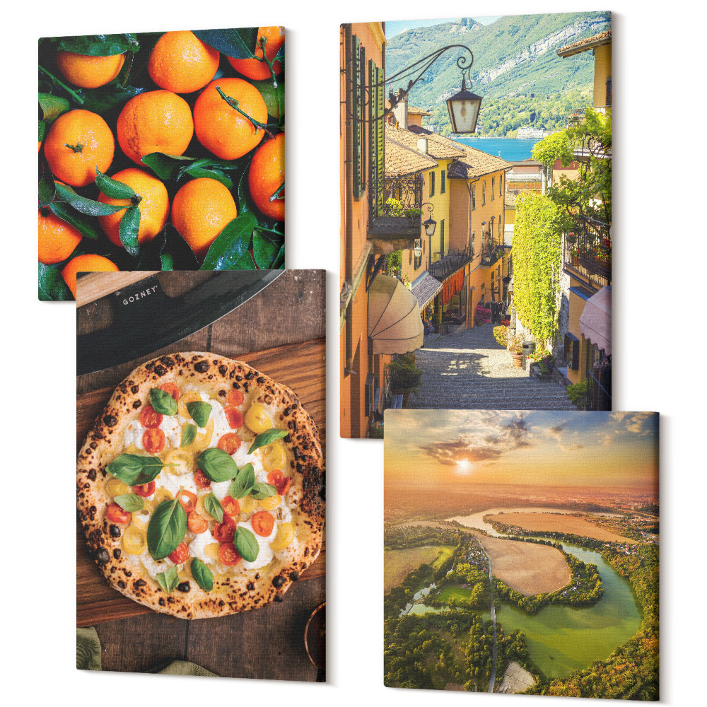 Sada obrazů kvadryptych Italské krajiny s řekou, kopci a městskou ulicí