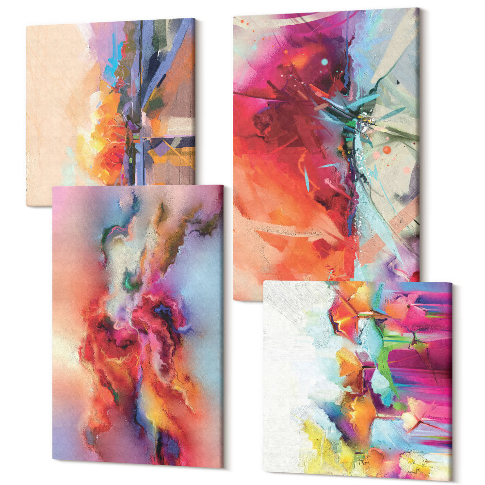 Sada obrazů na zeď kvadryptych Barevné abstrakce s dynamickými formami a tvary