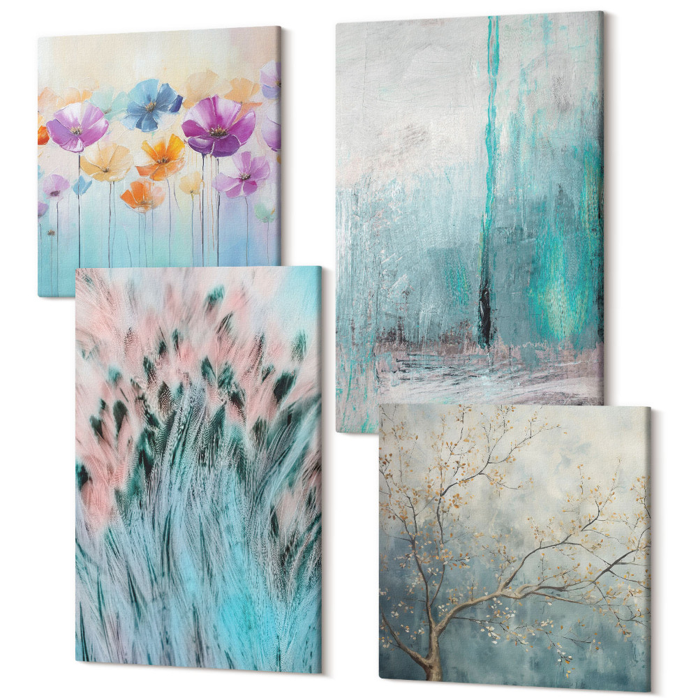 Sada obrazů kvadryptych Květiny na pozadí pastelových barev a jemných vzorů