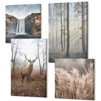 Sada obrazů na zeď kvadryptych Lesní krajina divoká příroda jelen