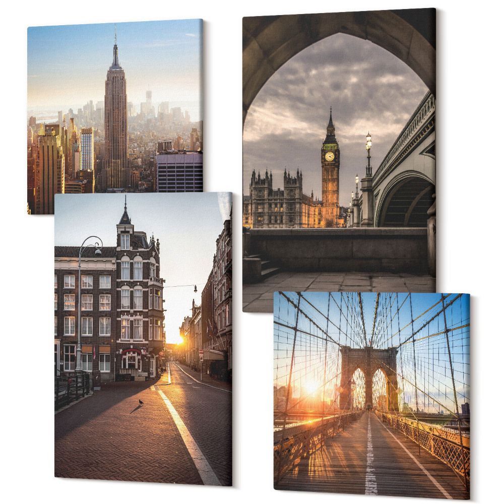 Sada obrazů na zeď kvadryptych Sada obrázků s městem, jídlem a výhledem na Londýn