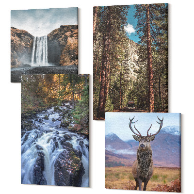 Sada 4 obrazů Vodopád v lese, hory a jeleni v přírodě