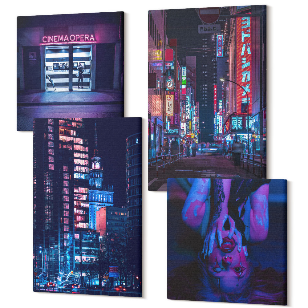 Sada obrazů na zeď kvadryptych Noční město s neony a vstupem do kina