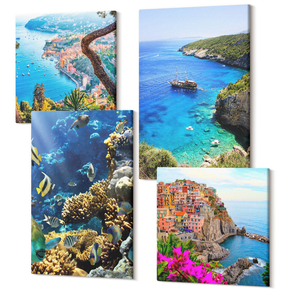 Sada obrazů kvadryptych Výhled na moře s barevnými domy a korálovým útesem