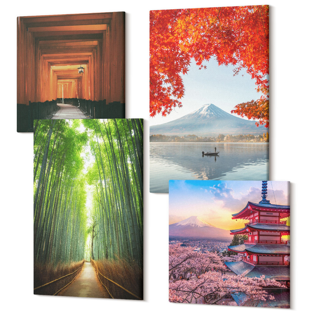 Sada obrazů na zeď kvadryptych Bambusový les Mount Fuji torii cesta Japonská architektura