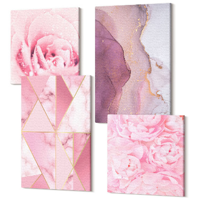 Sada 4 obrazů Růžové květy pivoňky geometrické vzory