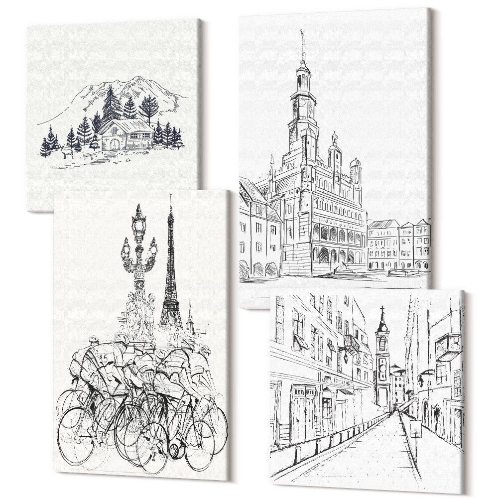 Sada obrazů kvadryptych Jednoduché kresby pohledů na město