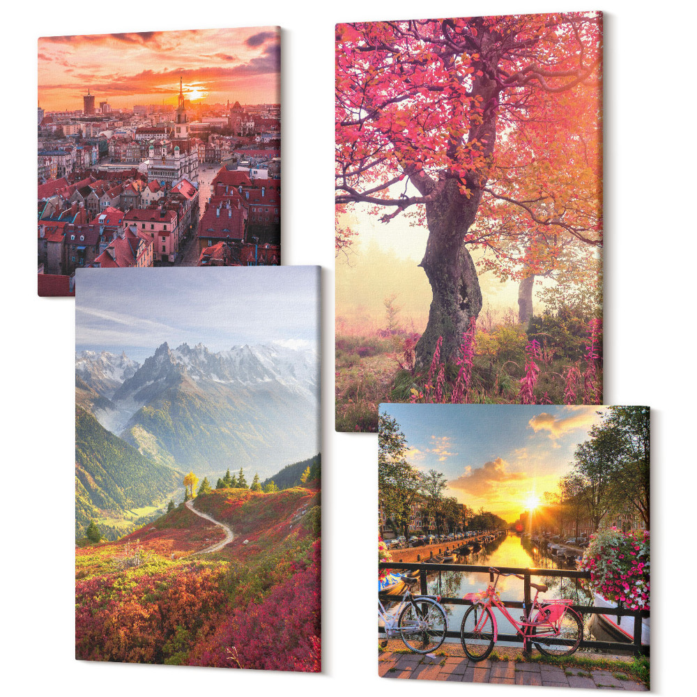 Sada obrazů na zeď kvadryptych Horské krajiny s kolem a podzimním stromem