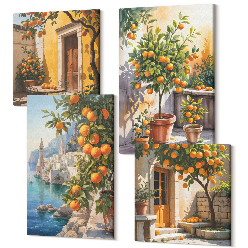 Sada 4 obrazů Malované citrusové plody a přímořské krajiny
