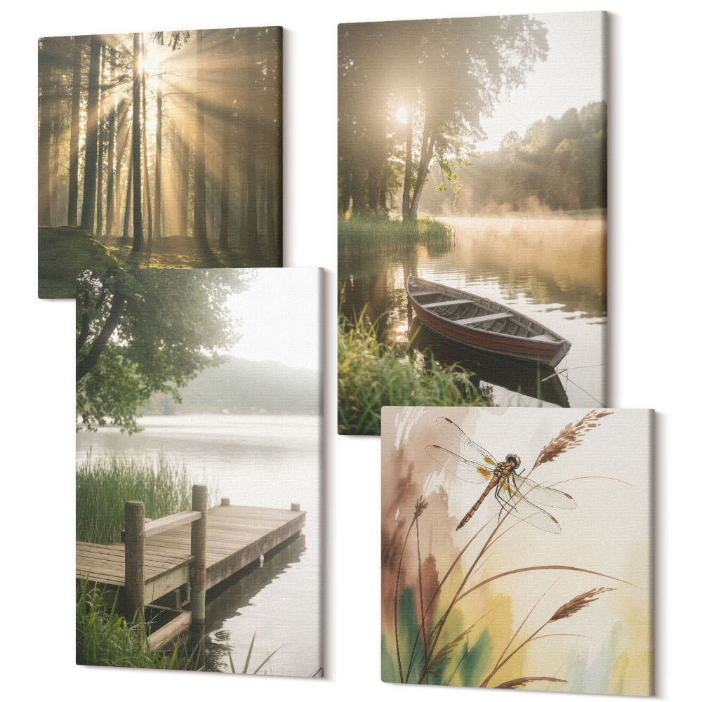 Sada obrazů kvadryptych Klidné jezero, les a loď v ranní mlze