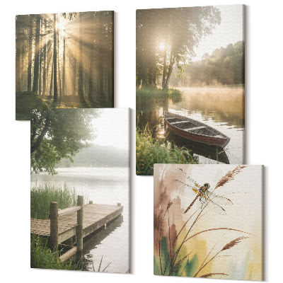 Sada obrazů kvadryptych Klidné jezero, les a loď v ranní mlze