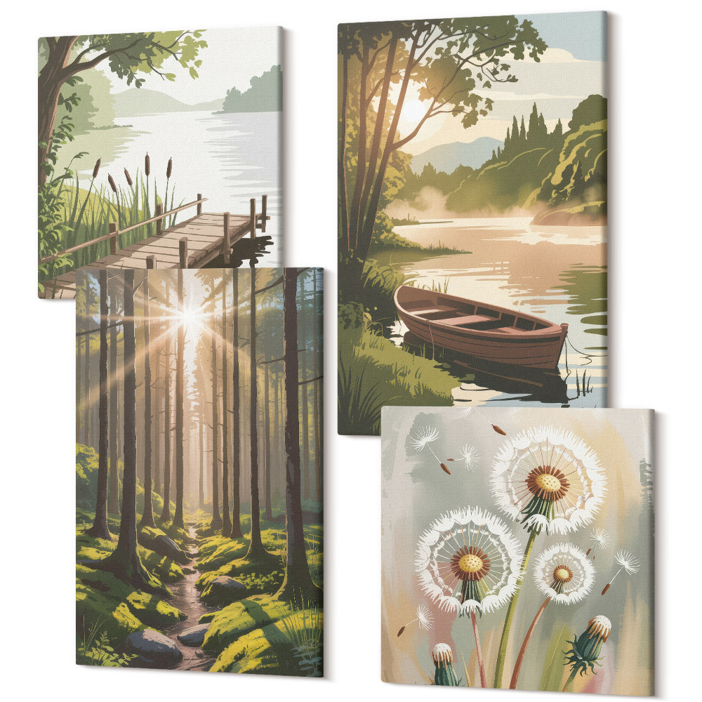 Sada obrazů na zeď kvadryptych Klidná krajina lesa a jezera s lodí