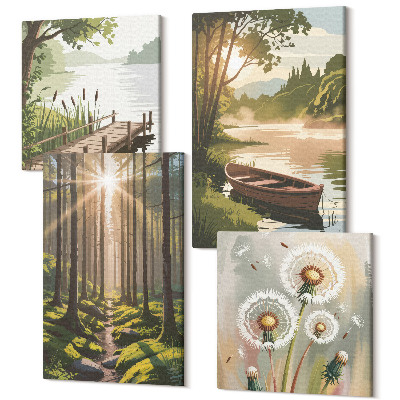 Sada obrazů na zeď kvadryptych Klidná krajina lesa a jezera s lodí