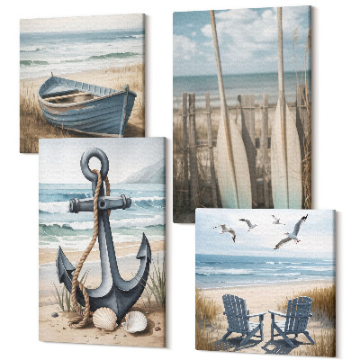 Sada 4 obrazů Lodní kotva a vesla na pláži s mořem