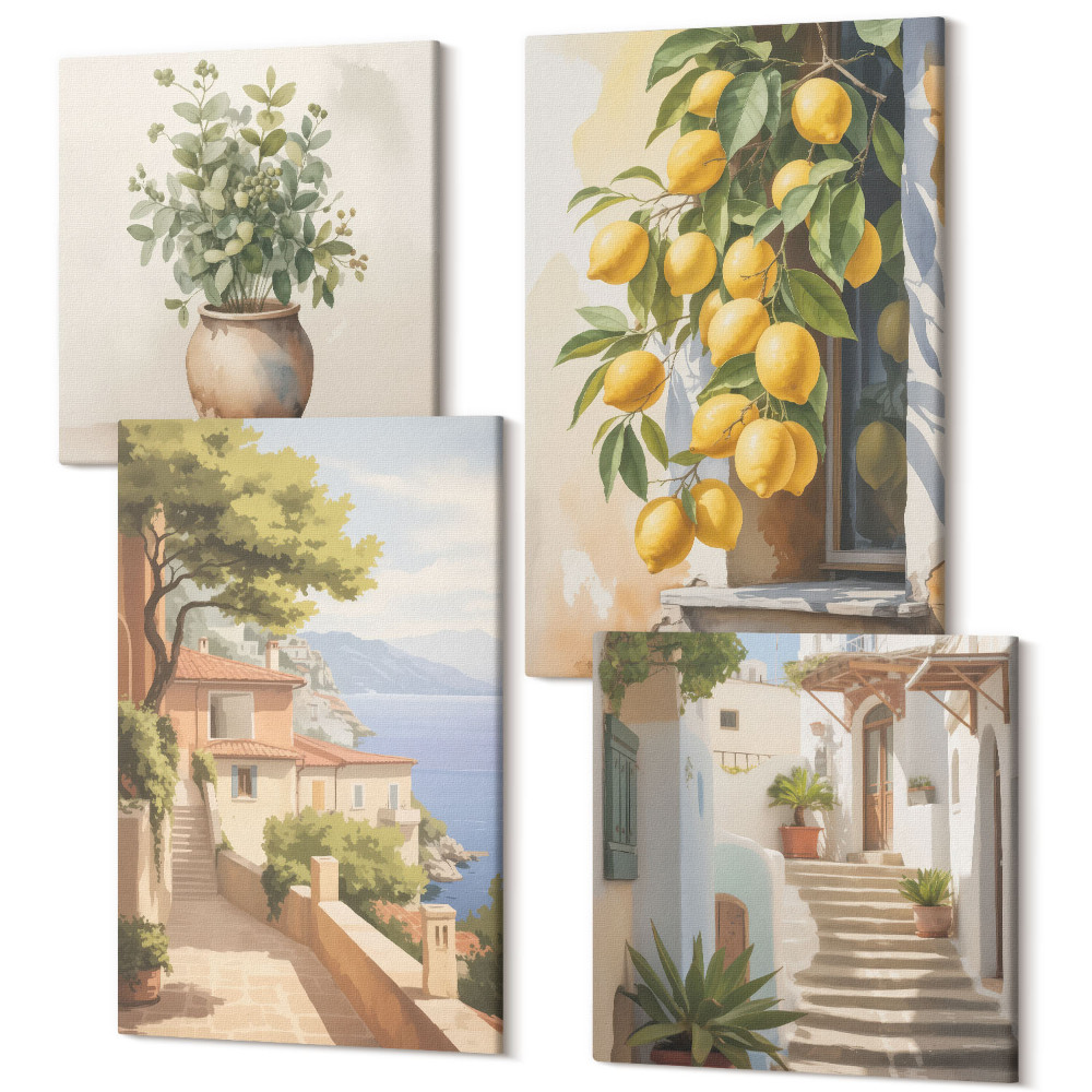 Sada obrazů na zeď kvadryptych Květiny ve váze s výhledem na moře a citrony