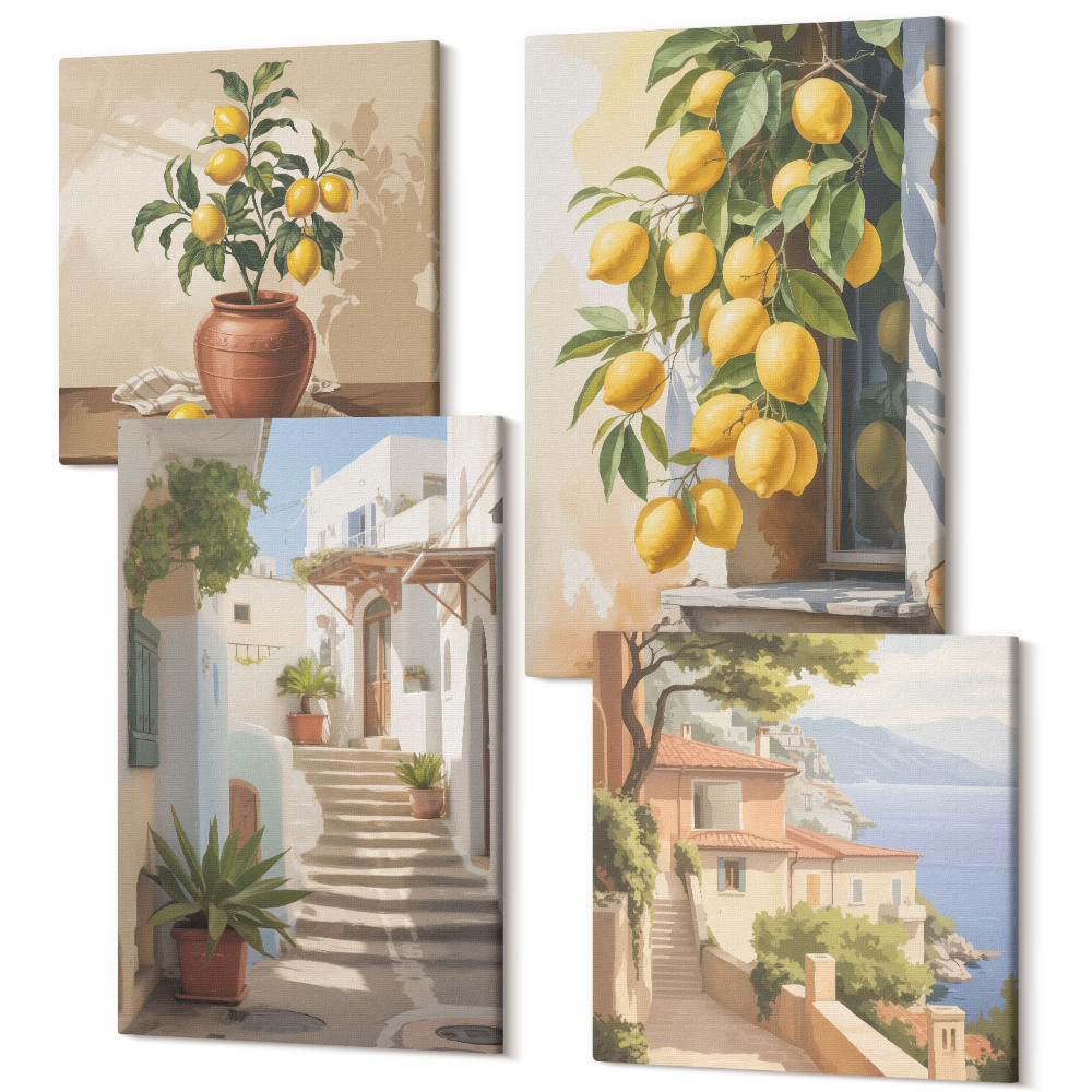 Sada 4 obrazů Okouzlující uličky s citrony a výhledem na moře
