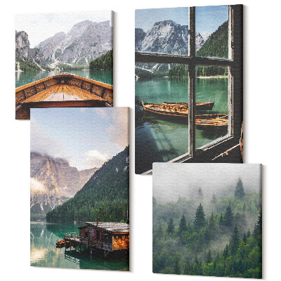 Sada 4 obrazů Horské jezero s lodí a dřevěnými domy