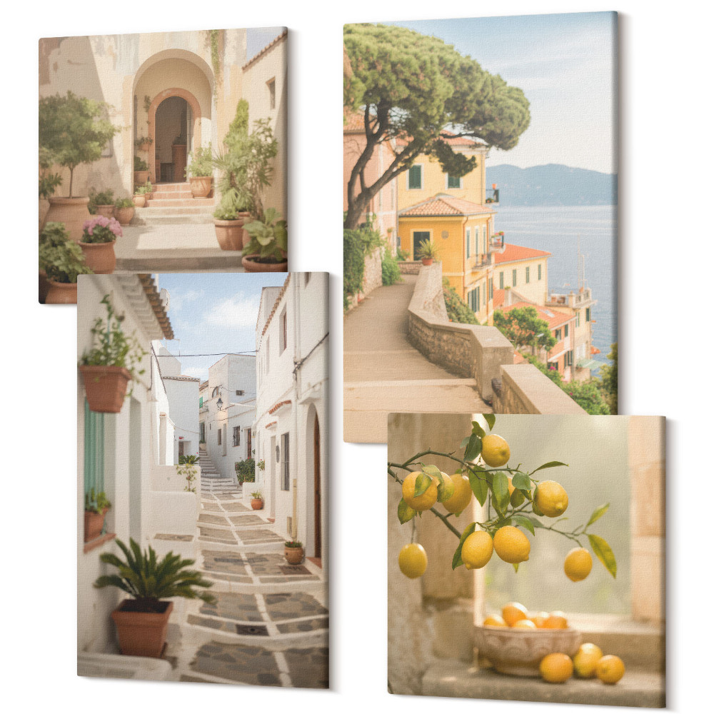 Sada obrazů na zeď kvadryptych Citrusový strom pohled z okna a přímořská architektura