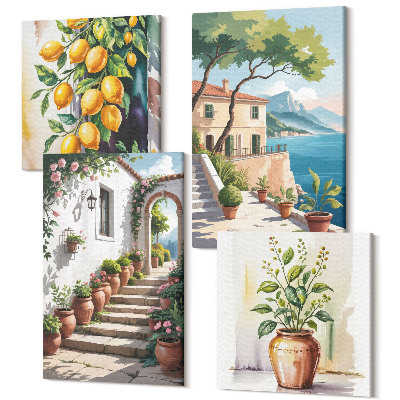 Sada 4 obrazů Citrony na pozadí květin a výhledem na moře