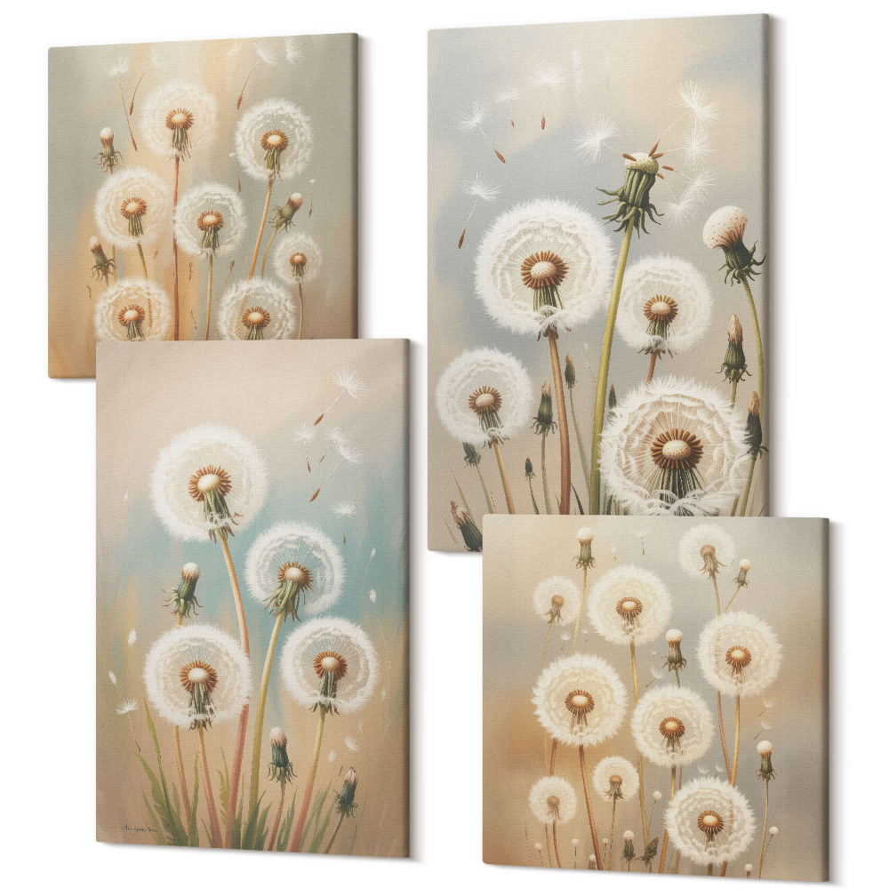 Sada obrazů na zeď kvadryptych Pampeliška květiny na pozadí pastelových barev