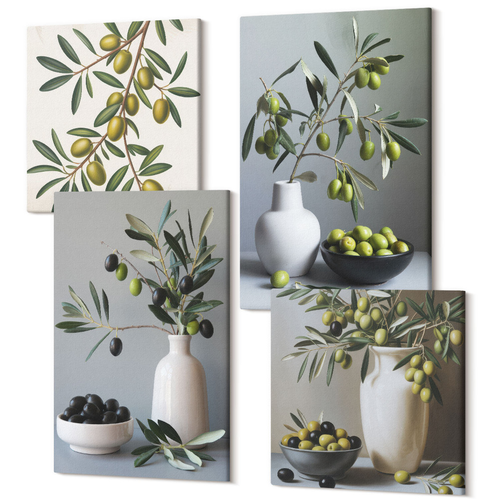 Sada obrazů kvadryptych Olivy ve vázách na pozadí tlumených barev