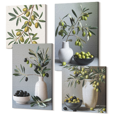 Sada obrazů kvadryptych Olivy ve vázách na pozadí tlumených barev