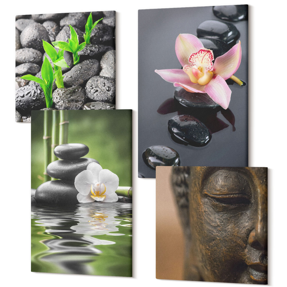 Sada obrazů na zeď kvadryptych Poklidná zenová kompozice kamenů a květin, Buddho