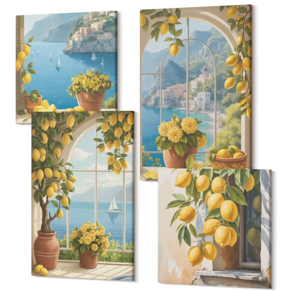 Sada 4 obrazů Mořské krajiny s italskými citrony v oknech