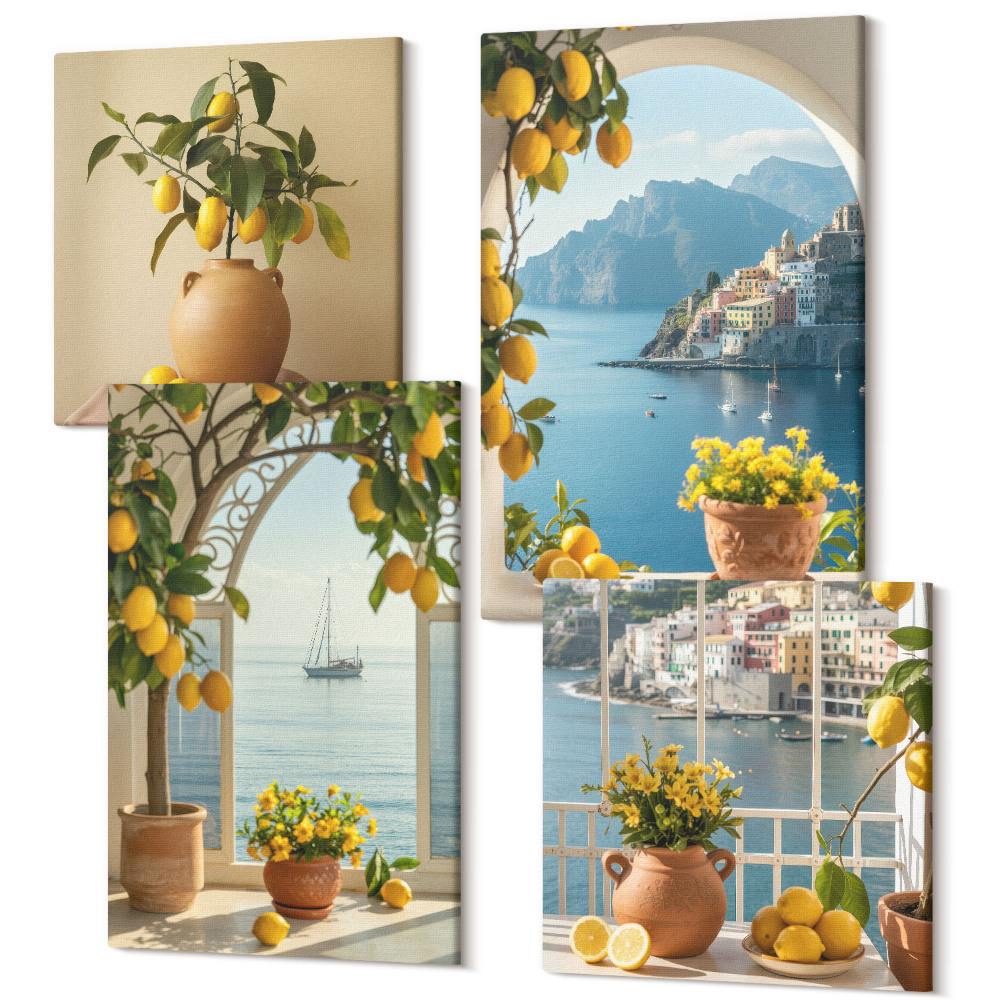 Sada obrazů kvadryptych Přímořské město citrony a květiny v květináčích