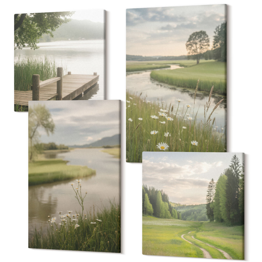 Sada 4 obrazů Klidné letní krajiny s řekou a loukou květin