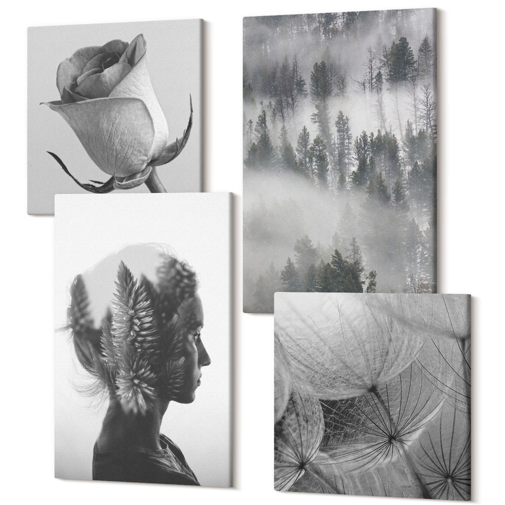 Sada obrazů kvadryptych Melancholický les v mlze portrét ženy rostlin